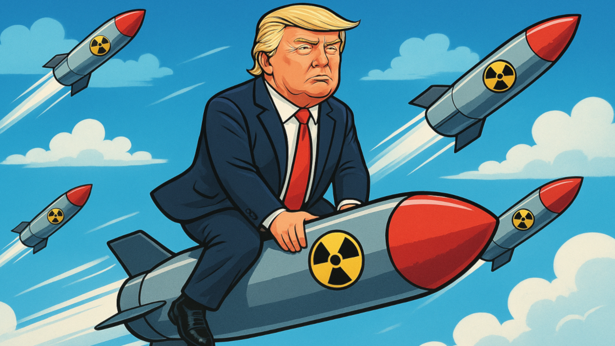 Cartoon of President Trump riding a nuclear missile.  